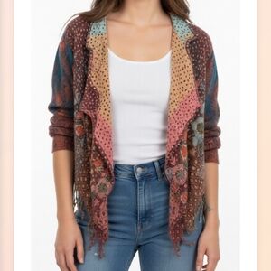 Anu By Natural 100% Wool Open Fringe Cardigan Small/Medium